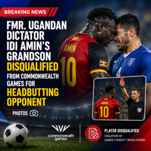 Breaking News poster announcing Amins grandson disqualified from the Commonwealth Games for headbutting an opponent two footballers in red and blue face off with a small inset photo of the incident and event logos at the bottom
