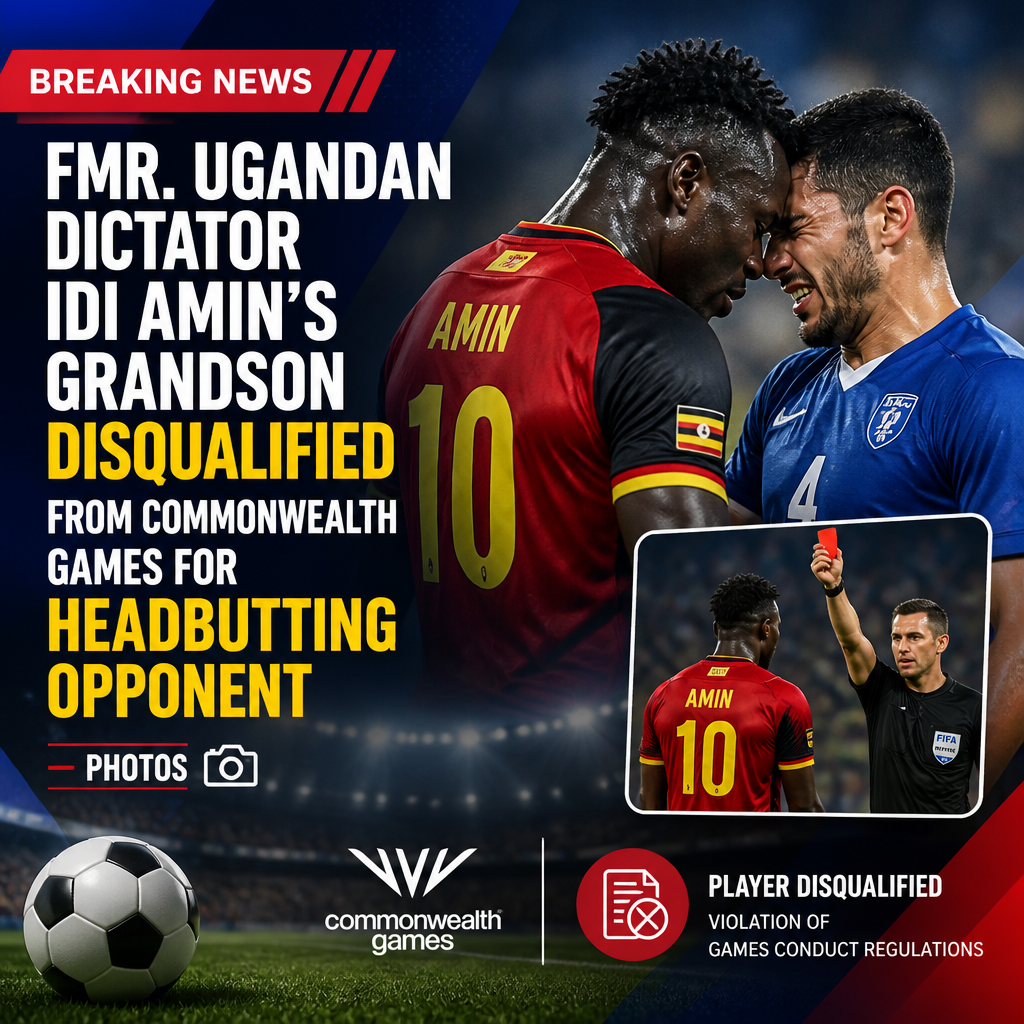 Breaking News poster announcing Amins grandson disqualified from the Commonwealth Games for headbutting an opponent two footballers in red and blue face off with a small inset photo of the incident and event logos at the bottom