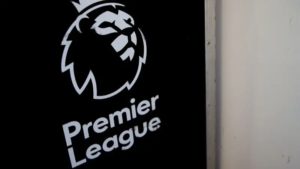 Premier League logo on a black panel with the text Premier League angled downward