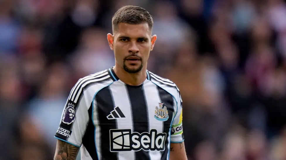Professional footballer wearing a black and white striped Newcastle United kit on the pitch