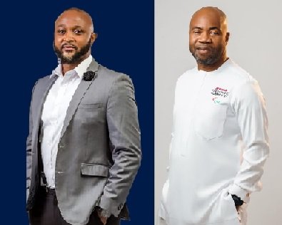 Two men posing side by side left man in a gray suit against a dark blue backdrop right man in a white chefs coat with a logo against a light gray background