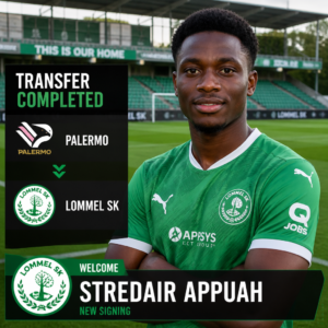 Footballer in green Lommel SK jersey on a stadium field with a 'Transfer Completed' banner, announcing new signing Stredair Appuah for Lommel SK (Palermo -> Lommel SK).