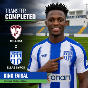 Portrait of King Faisal in a blue and white striped soccer jersey at a stadium pointing to the Ellas Syros crest overlay reads TRANSFER COMPLETED and team logos