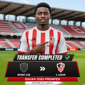 Footballer in red and white striped jersey stands on a stadium field with a Transfer Completed banner and welcome graphic for Isaiah Osei Prempeh joining G Ajaccio