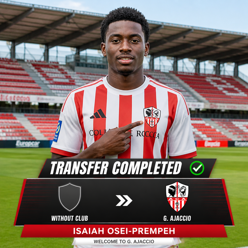 Footballer in red and white striped jersey stands on a stadium field with a Transfer Completed banner and welcome graphic for Isaiah Osei Prempeh joining G Ajaccio