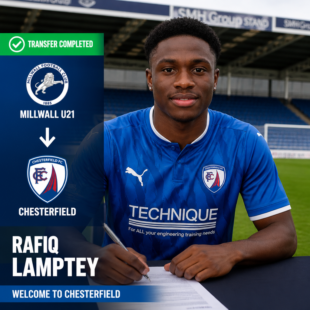 Young footballer in a blue Chesterfield jersey signs a document at a table as a Transfer Completed graphic shows from Millwall U21 to Chesterfield introducing Rafiq Lamptey and welcoming him to Chesterfield