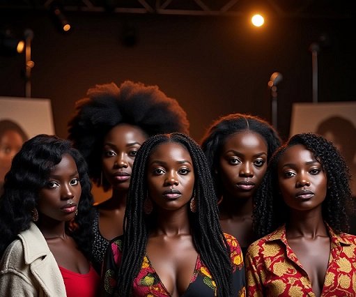 Five Black women pose together on a dimly lit stage wearing colorful outfits and looking at the camera