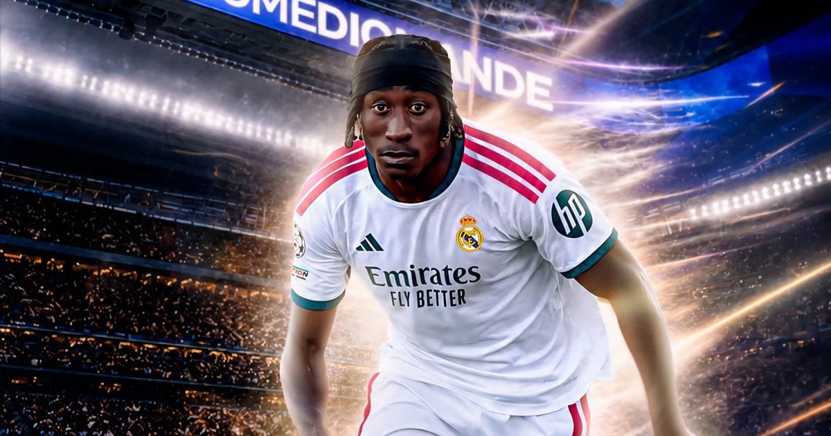 Soccer player in a Real Madrid white kit charging forward on a bright dynamic stadium background with light trails behind him