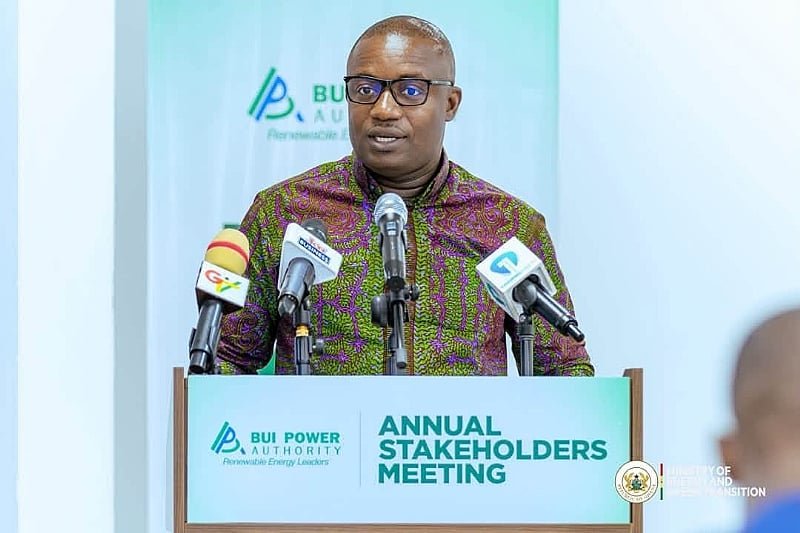 Man delivering a speech at a podium during the Annual Stakeholders Meeting with BUI Power Authority branding and multiple microphones in front of him